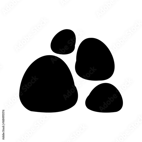 Black silhouette of several organic shapes resembling river stones or pebbles