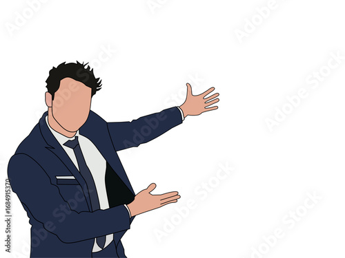 Vector of a flat face male entrepreneur pointing his hand towards an empty special space. This vector is about business for commercial purposes.