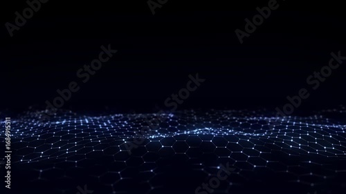 Futuristic hexagon wave. Dark cyberspace. Abstract wave with dots and line. Blue moving particles on a black background. 3d rendering.