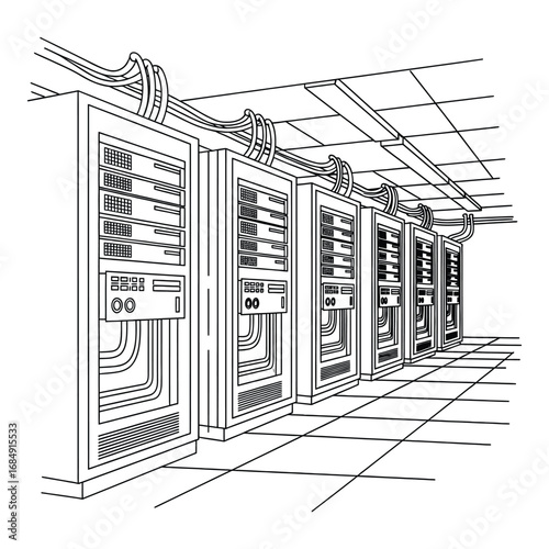 Server room with rows of computer racks and cables overhead computers