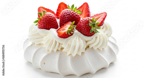 Close-up shot of a delicious pavlova dessert topped with fresh strawberries and whipped cream.