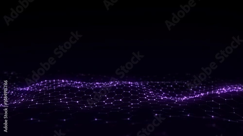 Futuristic hexagon wave. Dark cyberspace. Abstract wave with dots and line. Purple moving particles on a black background. 3d rendering.