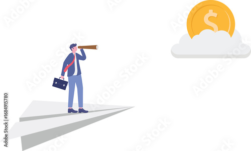 Businessman riding paper boat spotting distant gold coin with telescope in flat design

