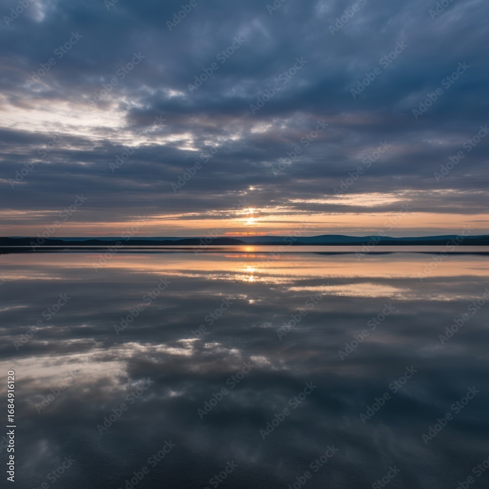 Fototapeta premium Dramatic sunset over calm water reflecting colorful clouds and horizon