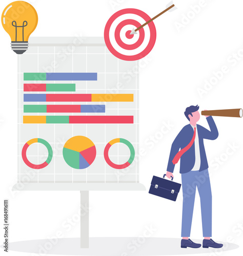 Business vision concept with character. Businessman searching company mission.

