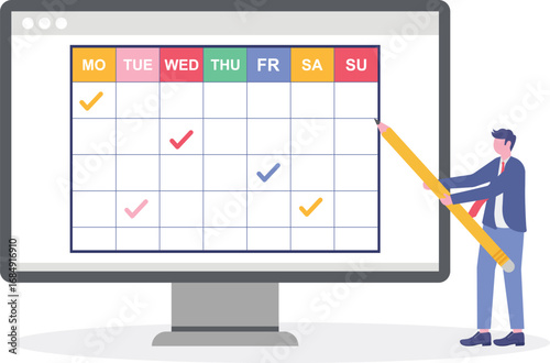 Vector illustration of people characters make an online schedule in the tablet on a week.


