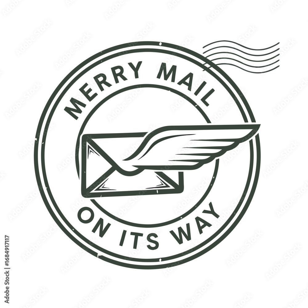 Obraz premium Vintage circular stamp with a winged envelope and the text merry mail on its way isolated on transparent background