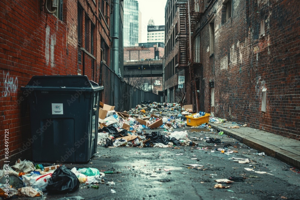 Fototapeta premium City alleyway filled with scattered garbage and trash bins between brick buildings, showing urban decay and neglect in narrow street