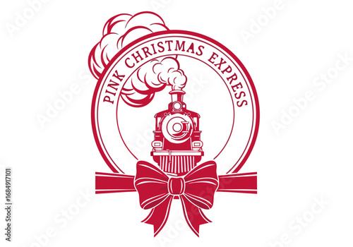 Vintage pink christmas express train with steam and festive red bow isolated on transparent background