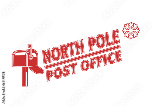 Festive red north pole post office logo with mailbox and snowflake isolated on transparent background