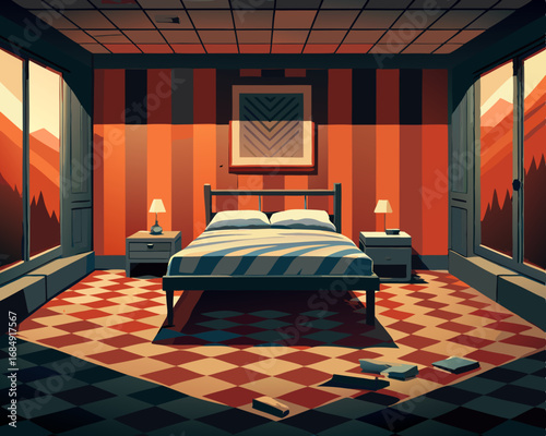 colorful illustration of an abandoned guest room, bed imprints, haunted bedroom, creepy guest room