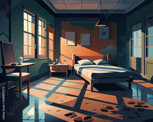 colorful illustration of an abandoned guest room, bed imprints, haunted bedroom, creepy guest room