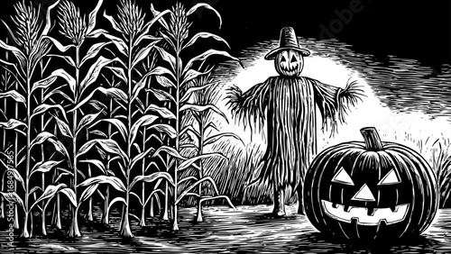 haunted field props for Halloween design, featuring a spooky scarecrow, cornstalks, and carved pumpkins, ideal for seasonal decorations, festive artwork, creative projects, and horror-themed