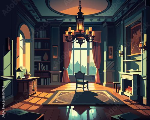 colorful illustration of an abandoned victorian parlor, flickering chandelier, haunted parlor
