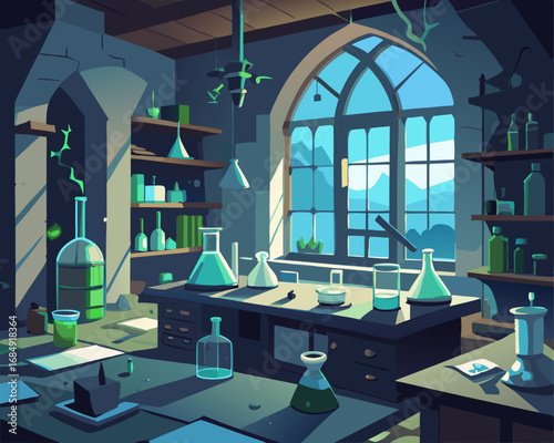colorful illustration of a basement laboratory, shattered glass, creepy lab, abandoned laboratory