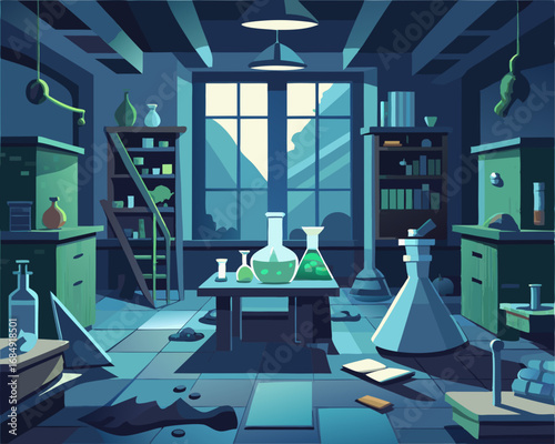colorful illustration of a basement laboratory, shattered glass, creepy lab, abandoned laboratory
