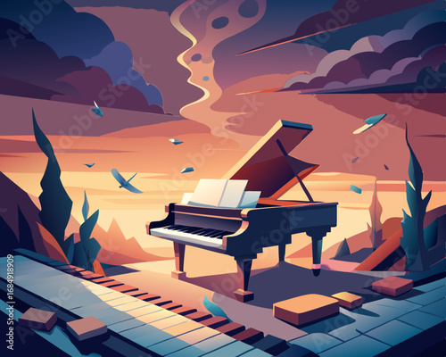 colorful illustration of a broken piano with ghostly music notes