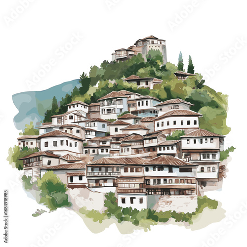 Berat Old Town. Berat Old Town watercolor vector illustration
