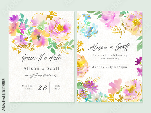 Wedding invitation card design set with abstract watercolor pink peonies, roses, wild flowers and gold line art. card template set with hand painted elegant flowers. Vector files.