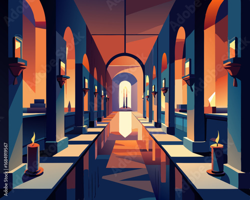 colorful illustration of a candlelit corridor where mirrors distort reality