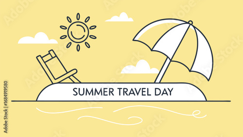 Summer travel day with beach chair and umbrella under the sun