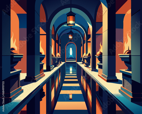 colorful illustration of a candlelit corridor where mirrors distort reality