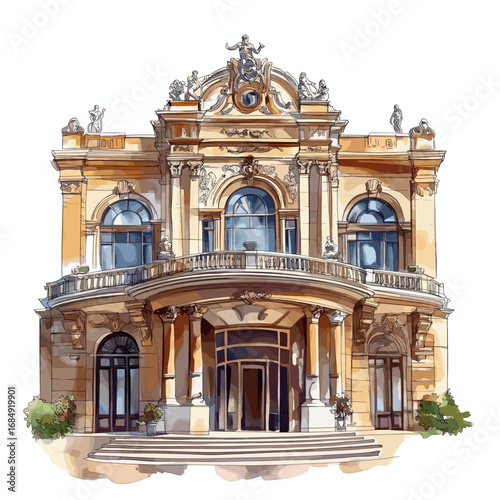 Odessa Opera and Ballet Theater. Odessa Opera and Ballet Theater watercolor vector illustration
