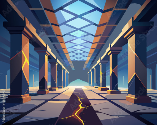 colorful illustration of a ceiling with glowing cracks forming runes