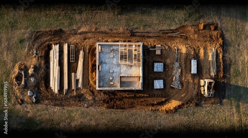 Aerial view of a house foundation under construction.
