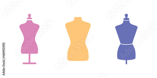 Three colorful mannequin icons on a white background pink, orange, and blue