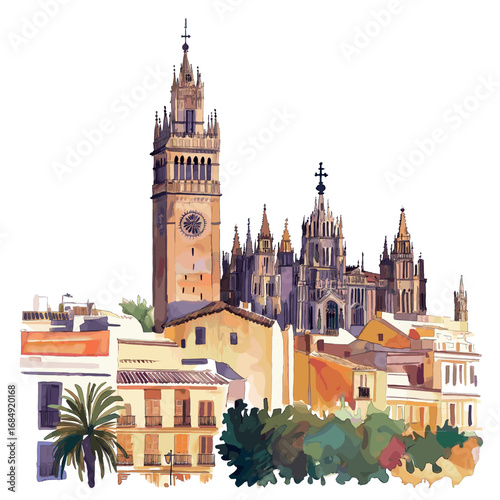 Seville Cathedral and La Giralda. Seville Cathedral and La Giralda watercolor vector illustration