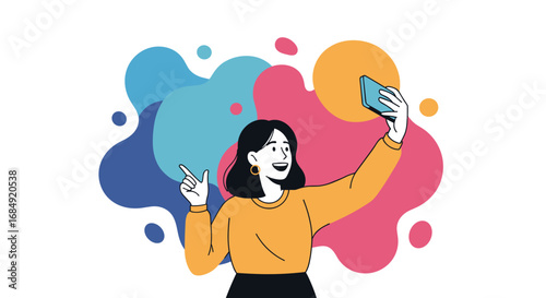 A woman taking a selfie in front of colorful abstract shapes showing her joyful expression and peace sign
