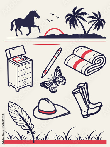 Minimilist a drawing featuring a horse palm trees a sunset a dresser a pen a butterfly a towel and other objects vector