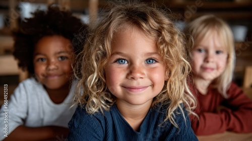 Three diverse children with different hair textures smile brightly in a warm classroom setting, showcasing friendship, joy, and the beauty of childhood unity.