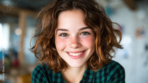 A joyful young girl with curly brown hair and freckles beams with happiness, capturing the essence of youth and innocence in a natural, relaxed setting.