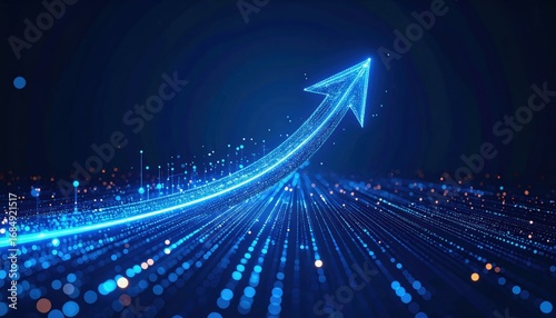 A glowing blue arrow pointing upward through a vibrant background of lights, symbolizing growth, progress, and innovation.