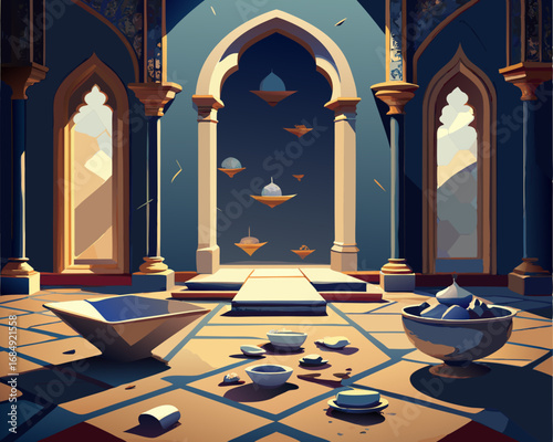 colorful illustration of a cracked porcelain scattered on an ornate rug
