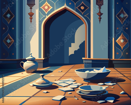 colorful illustration of a cracked porcelain scattered on an ornate rug