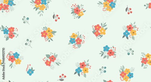 Charming vintage style delicate floral pattern with small bouquets on light mint background