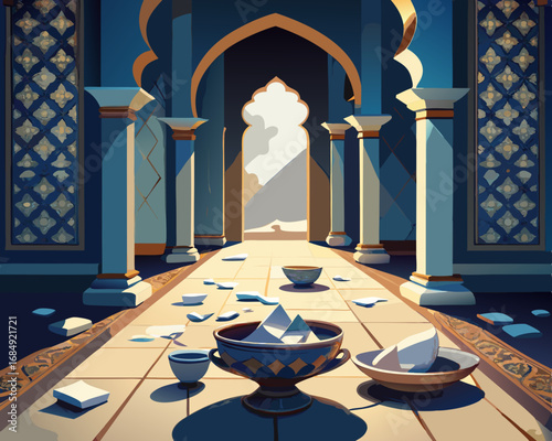 colorful illustration of a cracked porcelain scattered on an ornate rug