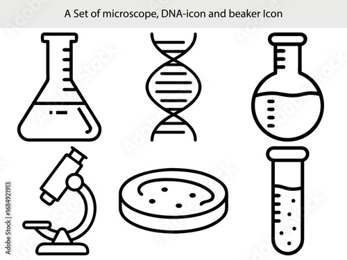 Scientific laboratory equipment and D N A helix icons science research