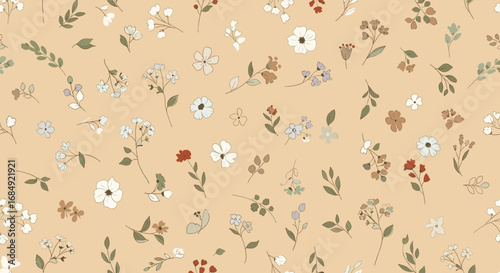 A charming pattern of delicate wildflowers and greenery scattered across a warm golden background evoking natural beauty and rustic elegance
