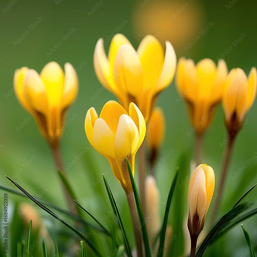 Fototapeta premium Yellow crocus flowers close up in sunlight