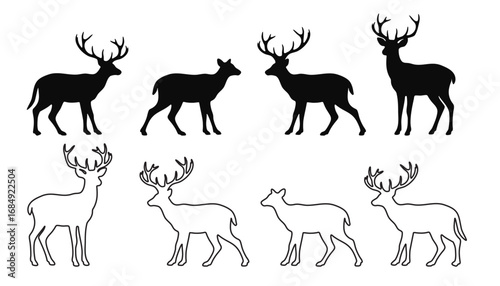 Collection of wild deer silhouette and outline elements. Vector illustration.
