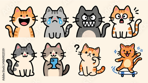 Cute cartoon cats with diverse emotions, perfect for social media.