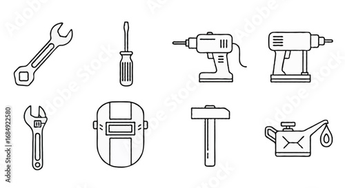 Outline vector icon set of industrial tools and machinery | Including wrench, screwdriver, drill machine, welding mask, hammer, and oil can, simple modern linear design, isolated on white background