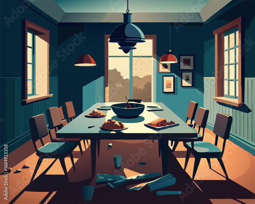 colorful illustration of a dining room with rotting feast still on the table