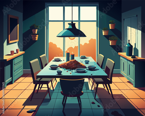 colorful illustration of a dining room with rotting feast still on the table