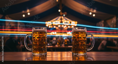 Two refreshing mugs of golden beer on a wooden bar in a lively festival tent with blurred colorful lights and motion streaks creating a celebratory atmosphere