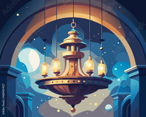 colorful illustration of a dusty chandelier with flying orbs